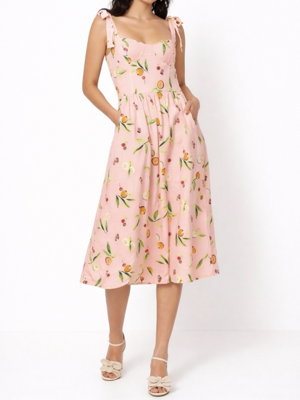 LC Lauren Conrad Pink Fruit Print Midi Dress Cottagecore Tie Strap Pockets